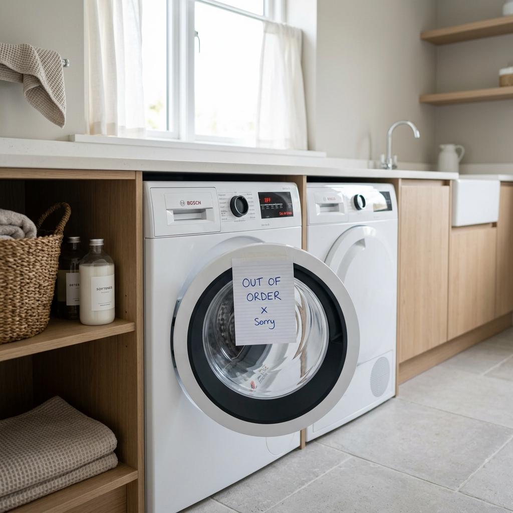 A modern front-loading washing machine with a handwritten note saying 'OUT OF ORDER X Sorry' taped to the glass door