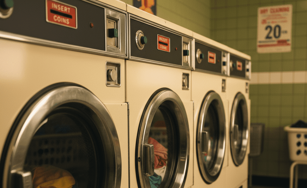 Coin-operated washing machines in a classic launderette