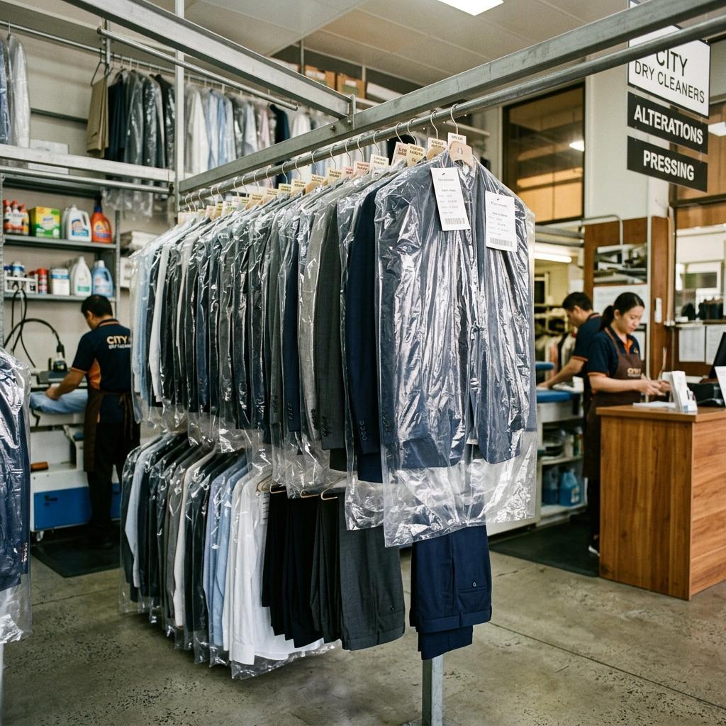 Pressed suits and garments hanging on a rack at a dry cleaners shop