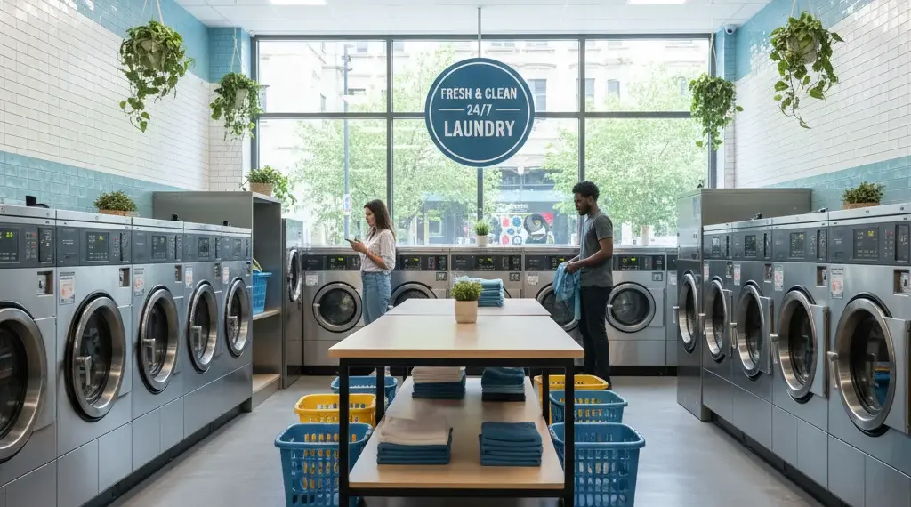 Laundry basket and washing machine controls for first-time launderette users