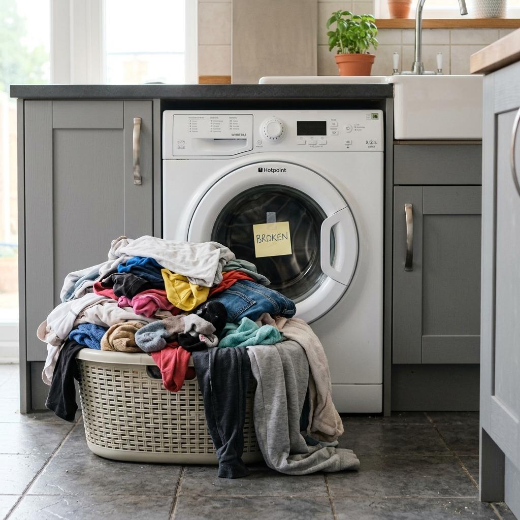 Frustrated tenant sitting beside a pile of laundry bags next to a broken washing machine in a UK flat