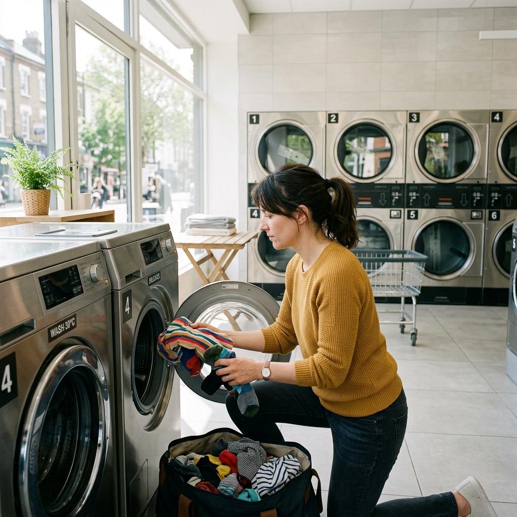 Person loading a self-service washing machine at a local launderette