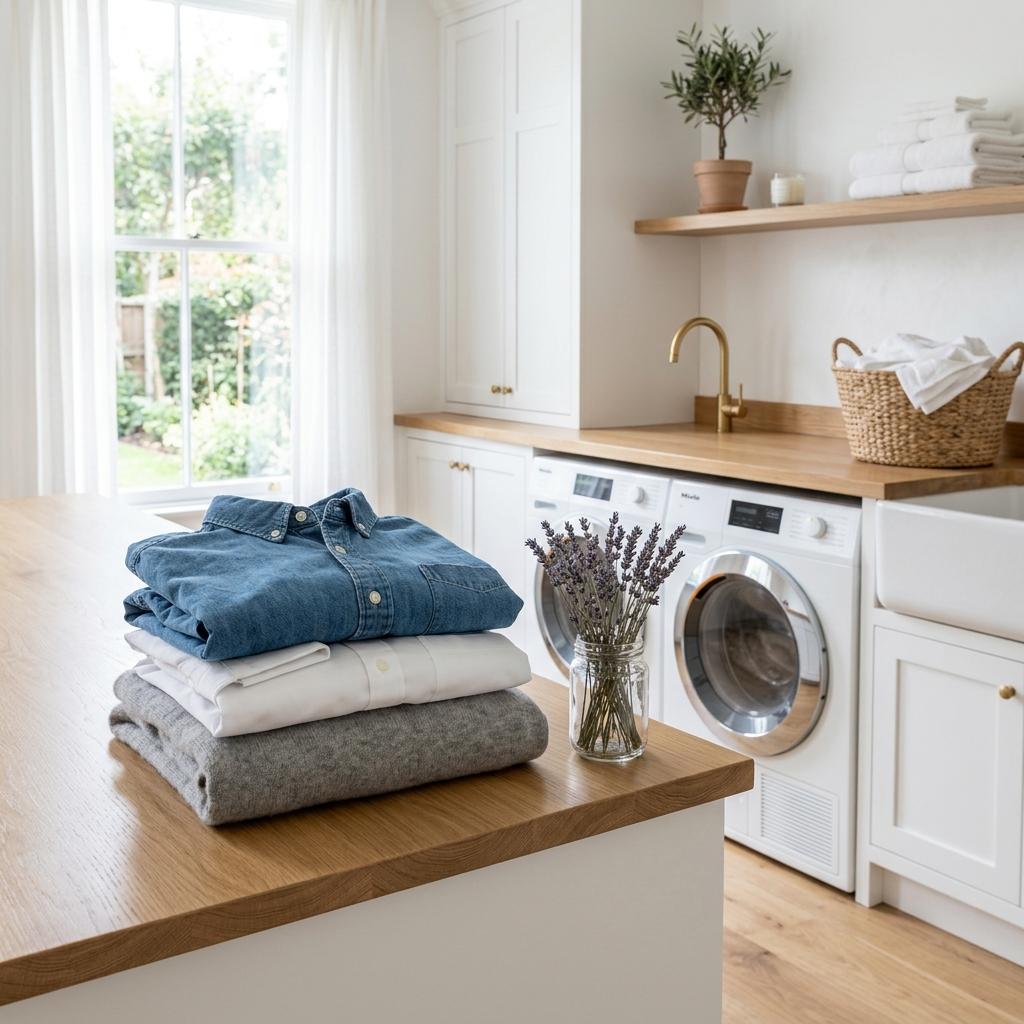 A stack of neatly folded garments (denim shirt, white dress shirt, and grey sweater) in a bright, modern laundry room