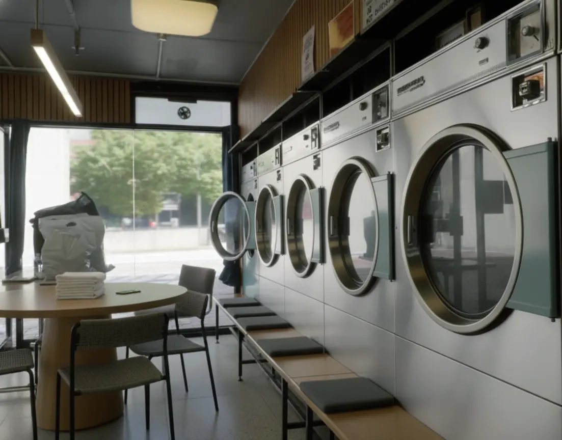 Student using washing machines in a self-service launderette