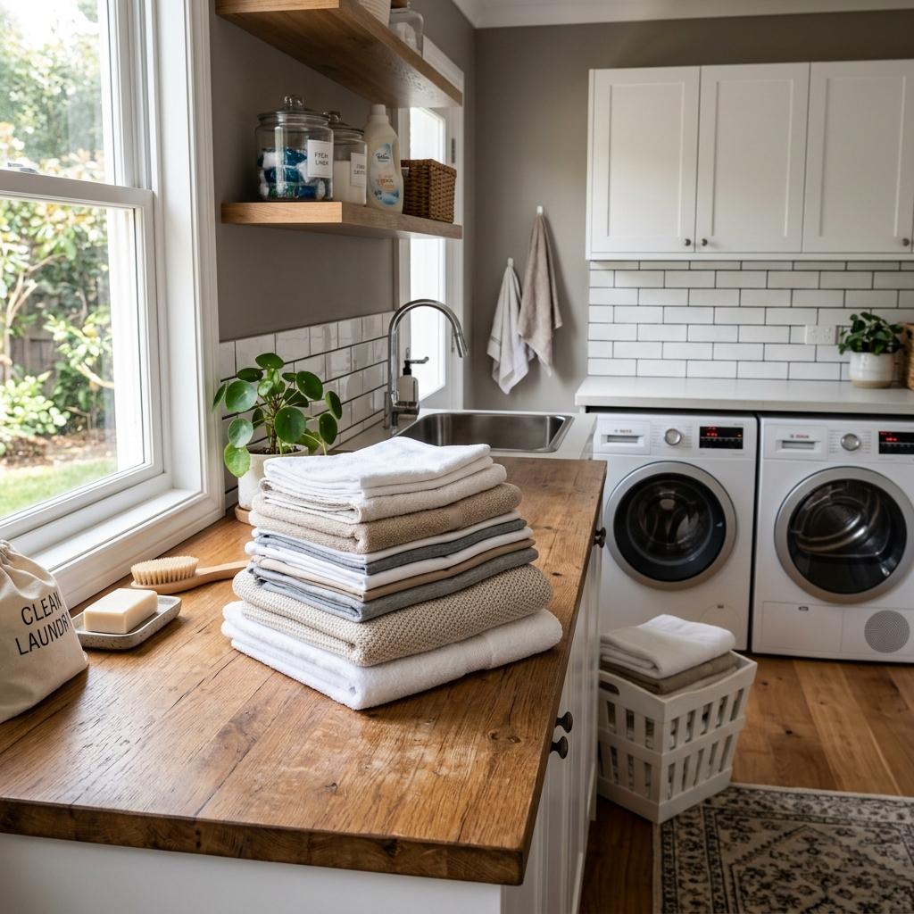 A neatly folded pile of clean towels in a bright modern laundry room