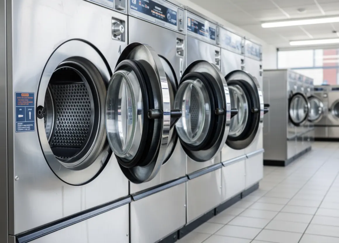 Row of open launderette washing machines ready for large items