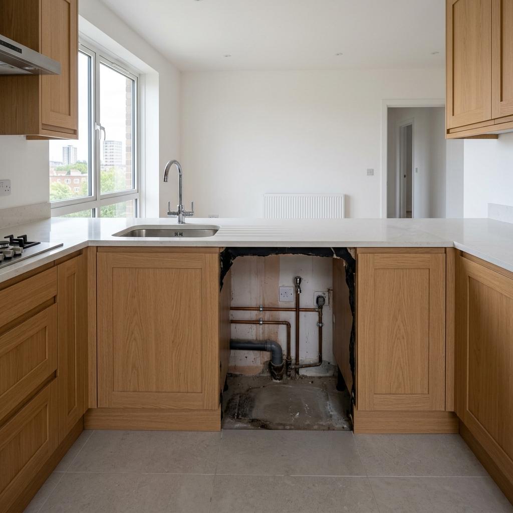 Empty kitchen in rented flat with space where a washing machine would be