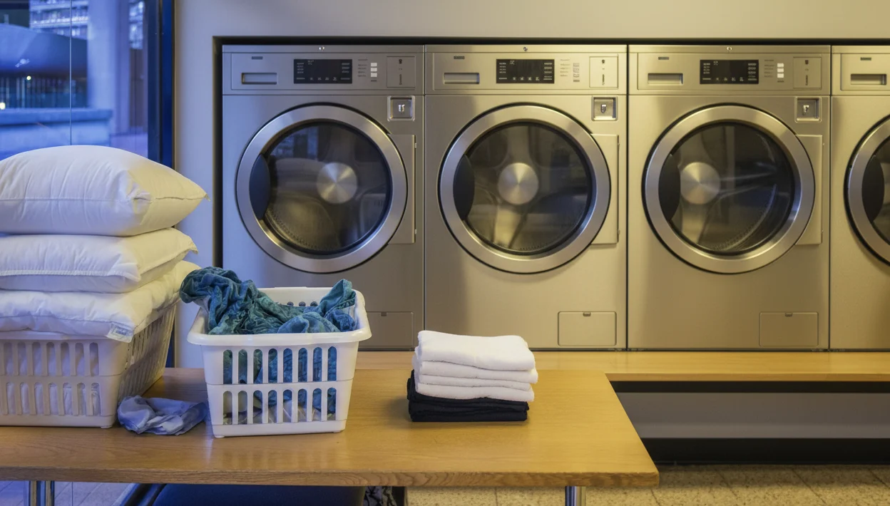 A clean and modern self-service launderette interior featuring rows of sleek silver washing machines. A basket of laundry and neatly folded clothes sit on a wooden table in the foreground.